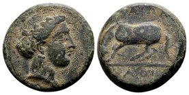 Thessaly, Larissa. 
Mid-late 4th century BC.. Æ dichalkon, 4.68 g. Head of the nymph Larissa right, wearing earring / ΛAPI ΣAIΩN horse left, about to...