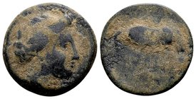 Thessaly, Larissa. 
Mid-late 4th century BC. Æ dichalkon, 4.4 g. Head of the nymph Larissa right, wearing earring / ΛAPI ΣAIΩN horse left, about to r...