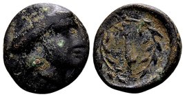 Thessaly, Larissa Kremaste. 
Ca. 302-286 BC. Æ chalkous, 1.99 g. Head of nymph right / ΛΑΡΙ harpa upward, with hook left; all within wreath. BCD Thes...