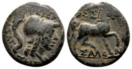 Thessaly, Thessalian League. 
Ca. 196-27 BC. Æ dichalkon, 4.99 g. Pherekrates and Isagoras, magistrates. Helmeted head of Athena right; IΣAΓOP[OΣ] ab...
