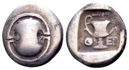 Boeotia, Thebes. 
Ca 425-375 BC. AR triobol or hemidrachm, 2.57 g. Boeotian shield / ΘΕΒ kantharos, club above; all within incuse square. BCD Boeotia...