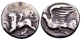 Sikyonia, Sikyon. 
Ca. 330-280 BC. AR triobol or hemidrachm, 2.75 g. Chimaera standing left, raising forepaw; ΣI below / Dove flying left; pellet abo...