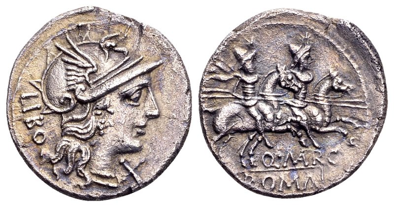 Q.Marcius Libo
Rome, 148 BC. AR denarius, 3.22 g. Helmeted head of Roma right; ...