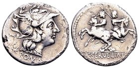 C. Serveilius M. f. 
Rome, 136 BC. AR denarius, 3.57 g. ROMA helmeted head of Roma right; behind: wreath and mark of value / the Dioscuri galloping a...