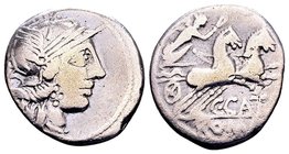 C. Porcius Cato
Rome, 123 BC. AR denarius, 3.76. Helmeted head of Roma right;[behind: X] / Victory in biga right, with whip and reins; below: C CATO;...