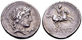 P. Crepusius
Rome, 82 BC. AR denarius, 3.63 g. Laureate head of Apollo right, sceptre on far shoulder; behind: [control- letter], below chin: grassho...