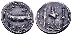 Marc Antony
Mint moving with Marc Antony 32-31 BC. AR denarius, 3.88 g. ANT AUG III·VIR·R·P·C; galley right, sceptre tied with fillet on prow / LEG V...