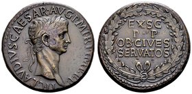 Claudius
Rome, 42-43 AD. Æ sestertius, 29.8 g. TI•CLAUDIUS•CAESAR•AUG•P•MT•R P IMP•P•P•; laureate head of Claudius right / EX•SC•P•P OB•CIVES SERVATO...