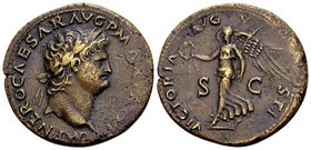 Nero
Lugdunum, ca. 66 AD. Æ dupondius, 11.81 gr. IMP NERO CAESAR AVG P MAX TR P P laureate head of Nero right / VICTORIA AVGVSTI Victory advancing le...
