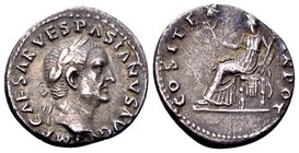Vespasian
Rome, 69-71 AD. AR denarius, 3.24 g. IMP CAESAR VESPASIANVS AVG laureate head right / COSITER TR POT Pax seated left, holding branch and ca...