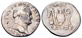 Vespasian
Rome, 71 AD. AR denarius, 3.01 g. IMP CAES VESP A VG P M COS IIII laureate head right / AVGVR TRI POT simpulum, aspergillum, guttus, and li...
