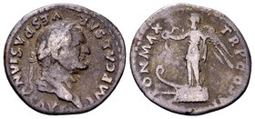 Vespasian
Rome, 75 AD. AR denarius, 3.08 g. IMP CAESAR VESPASIANVS AVG laureate head right / PON MAX TR P COS VI Victory standing left on prow, holdi...