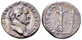 Vespasian
Rome, AD. AR denarius, 3.34 g. IMP CAES VESP AVG P M COS IIII laureate head right / VICTORIA AVGVSTI Victory advancing right, holding palmb...