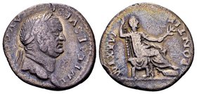 Vespasian
Rome, 73 AD. AR denarius, 2.81 g. IMP CAES VESP AVG CENS laureate head right / MAXIM PONTIF Vespasian seated right, holding sceptre and bra...