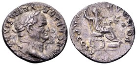 Vespasian
Rome, 74 AD. AR denarius, 3.08 g. IMP CAESAR VESPASIANUS laureate head right / PONMAX TRP COS V Vespasian seated right holding branch and s...