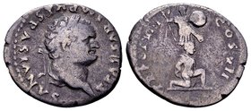Titus, as Caesar
Rome, 79 AD. AR denarius, 2.74 g. IMP TITVS CAES VESPASIAN AVG P M laureate head right / TR P VIII IMP XIIII COS VII P P captive kne...
