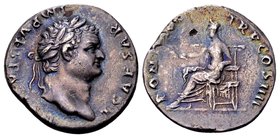 Titus, as Caesar
Rome, 76-78 AD. AR denarius, 3,05 g. T CAESAR IMP VESPASIAN laureate head right / PONTIF TR P COS IIII Pax seated left, holding bran...