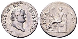 Titus as Caesar
Rome, 77-78 AD. AR denarius, 3.18 g. laureate head of Titus right / Annona seated left on throne, with sack of grain ears. RIC 972 (V...