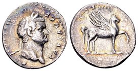 Domitian
Rome, 76/7 AD. AR denarius, 2.6 g. CAESAR AVG F • DOMITIANVS laureate head right / COS IIII Pegasus standing right, front left leg raised. R...