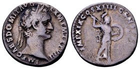 Domitian
Rome, 88-89 AD. AR denarius, 3.41 g. IMP CAES DOMIT AVG GERM P M TR P VIII laureate head right / IMP XIX COS XIIII CENS P P P Minerva with s...