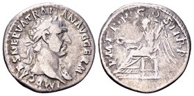 Trajan
Rome, 98-99 AD. AR denarius, 3.31 g. IMP CAES NERVA TRAIAN AVG GERM laureate head right / P M TR P COS II P P Victory seated left, holding pat...