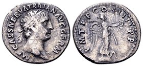 Trajan
Rome, 101-102 AD. AR denarius, 2.9 g. IMP CAES NERVA TRAIAN AVG GERM laureate head right / P M TR P COS IIII P P Victory standing to right on ...