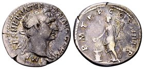 Trajan
Rome, 102 AD. AR denarius, 3.36 g. IMP CAES NERVA TRAIAN AVG GERM laureate bust right / P M TR P COS IIII P P Victory, naked to waist, standin...