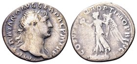 Trajan
Rome, 103-111 AD. AR denarius, 2.86 g. IMP TRAIANO AVG GER DAC P M TR P laureate head right, slight drapery on far shoulder / COS V P P SPQR O...