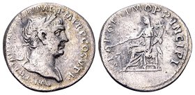 Trajan
Rome, 103-107 AD. AR denarius, 3.07 g. IMP TRAIANO AVG GER DAC P M TR P COS V P P laureate bust right, slight drapery on left shoulder / S P Q...