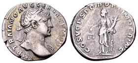 Trajan
Rome, 103-111 AD. AR denarius, 2.87 g. IMP TRAIANO AVG GER DAC P M TR P laureate head right, drapery on far shoulder / COS V P P S P Q R OPTIM...