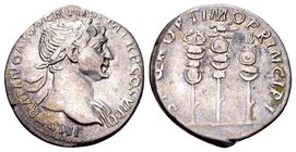 Trajan
Rome, 112-114 AD. AR denarius, 3.54 g. IMP TRAIANO AVG GER DAC P M TR P COS VI P P laureate and draped bust right / S P Q R OPTIMO PRINCIPI le...