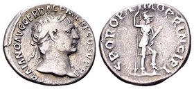 Trajan
Rome, 103-111 AD. AR denarius, 3.4 g. IMP TRAIANO AVG GER DAC P M TR P COS V P P laureate head right / S P Q R OPTIMO PRINCIPI Virtus standing...