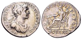 Trajan
Rome, 114-117 AD. AR denarius, 3.43 g. IMP CAES NER TRAIAN OPTIM AVG GER DAC laureate, draped, cuirrassed bust right / P M TR P COS VI P P S P...
