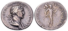 Trajan
Rome, 114-117 AD.AR denarius, 3.17 g. IMP CAES NER TRAIANO OPTIMO AVG GER DAC laureate and draped bust right / P M TR P COS VI P P SPQR Mars w...