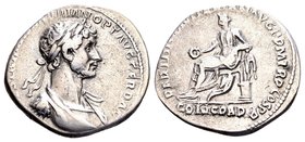 Hadrian
Rome, 117 AD. AR denarius, 3,15 g. IMP CAES TRAIAN HADRIAN OPT AVG GER DAC laureate, draped and cuirassed bust of Hadrian right / PARTHIC DIV...