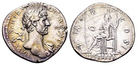Hadrian
Rome, 118 AD. AR denarius, 2.86 g. IMP CAESAR TRAIAN HADRIANVS AVG laureate bust right, drapery on left shoulder / P M TR P COS II Justitia s...