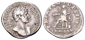 Hadrian
Rome, 118 AD. AR denarius, 3.03 g. MP CAESAR TRAIAN HADRIANVS AVG laureate bust right, slight drapery / P M TR P COS DES III Concordia seated...