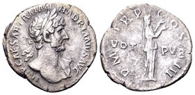 Hadrian
Rome, 117-138 AD. AR denarius, 2.66 g. IMP CAESAR TRAIAN HADRIANVS AVG laureate bust right, slight drapery on left shoulder / P M TR P COS II...