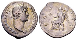 Hadrian
Rome, 128 AD. AR denarius, 3.32 g. HADRIANVS AVGVSTVS P P laureate head right / COS III Victory seated left, holding wreath and palm. RIC 345...