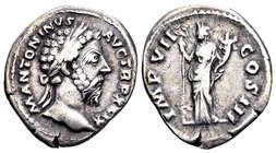 Marcus Aurelius
Rome 174-175 AD. AR denarius, 3.11 g. M ANTONINVS AVG TR P XXIX laureate head of Marcus Aurelius right / IMP VII COS III Felicitas st...