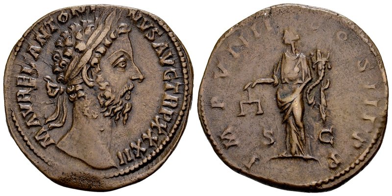 Marcus Aurelius
Rome, 178 AD. Æ sestertius, 22.67 gr. M AVREL ANTONINVS AVG TR ...
