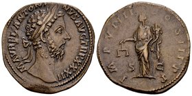 Marcus Aurelius
Rome, 178 AD. Æ sestertius, 22.67 gr. M AVREL ANTONINVS AVG TR P XXXII laureate head of Marcus Aurelius right / IMP VIIII COS III P P...