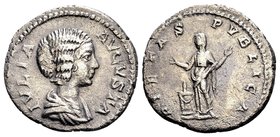 Julia Domna
Rome, 196-211 AD. AR denarius, 2,82 gr. IVLIA AVGVSTA draped bust of Julia Domna right / PIETAS PVBLICA Pietas standing left, raising bot...