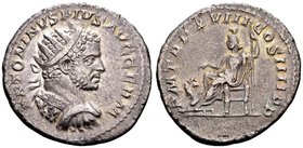 Caracalla
Rome, 215 AD. AR antoninianus, 5.06 g. ANTONINUS PIUS AUG GERM; radiate, cuirassed bust of Caracalla right / P M TR P XVIII COS IIII P P; P...