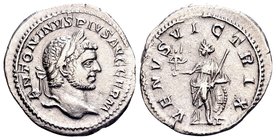 Caracalla
Rome, 213-217 AD. AR denarius, 2.84 g. ANTONINUS PIUS AUG GERM laureate, draped bust right / VENUS VICTRIX Venus standing left, with Victor...