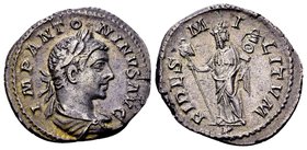 Elagabal
Rome, 219-220 AD. AR denarius, 2.86 g. IMP ANTONINVS AVG laureate, draped bust right / FIDES MILITVM Fides standing eft, holding vexillum an...