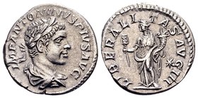 Elagabal
Rome, 220-221 AD. AR denarius, 2,91 g. IMP ANTONINVS PIVS AVG laureate, draped bust of Elagabal right / LIBER ALITAS AVG III Liberalitas sta...