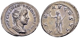 Gordian III
Rome, 238-239 AD. Æ antoninianus, 4.45 gr. IMP CAES M ANT GORDIANVS AVG radiate and draped bust of Gordian III right / PAX AVGVSTI Pax st...