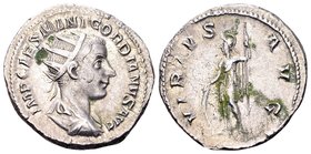 Gordian III
Rome, 238 AD. AR antoninianus (plated), 4,87 g.. IMP CAES M ANT GORDIANVS AVG radiate, draped and cuirassed bust right / VIRTVS AVG Virtu...