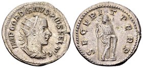 Gordian III
Rome, 243-244 AD. AR antoninianus, 4.63 g. IMP GORDIANVS PIVS FEL AVG radiate, draped, cuirassed bust right / SECVRIT PERP Securitas stan...